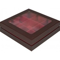 Коробка для конфет на 9 шт ЛЮКС с окном (шоколад/красная матовая) 160х160х45 мм