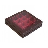 Коробка для конфет на 16 шт ЛЮКС с окном (шоколад/красная матовая) 180х180х45 мм