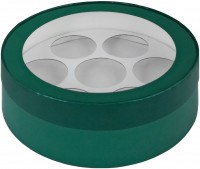 Коробка для макарон круглая с окном и ложементом на 7 шт (зеленая матовая) 200х60 мм