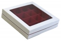 Коробка для конфет на 16 шт ЛЮКС с окном (белая/красная матовая) 180х180х45 мм