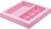 Коробка для конфет на 8 шт с вклеенным окном (розовая) 200х200х30 мм + шоколад. плитки 160х80 мм