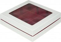Коробка для конфет на 9 шт ЛЮКС с окном (белая/красная матовая) 160/160/45 мм