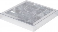 Коробка для конфет на 16 шт 200х200х30 мм с пластиковой крышкой (серебро) 