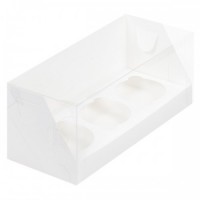 Коробка для капкейков на 3 шт 240х100х100 мм с пластиковой крышкой (белая) 