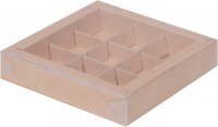 Коробка для конфет на 9 шт с пластиковой крышкой (крафт) 155х155х30 мм