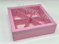 Коробка под ассорти сладостей с пластиковой крышкой (розовая) 200х200х55 мм