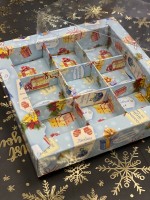 Коробка для конфет на 9 штс пластиковой крышкой (С Новым годом) 155х155х30 мм 