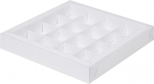 Коробка для конфет на 16 шт 200х200х30 мм с пластиковой крышкой (белая) 