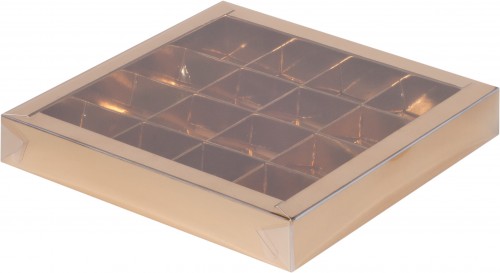 Коробка для конфет на 16 шт 200х200х30 мм с пластиковой крышкой (золото) 