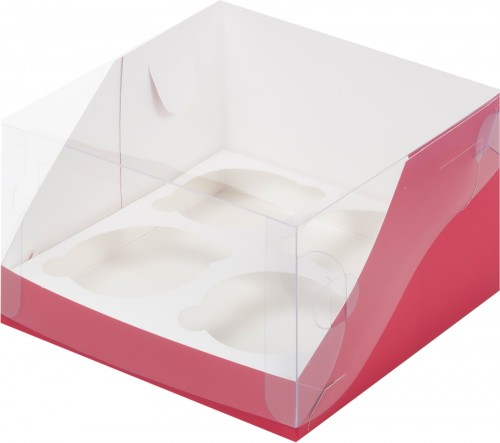 Коробка для капкейков на 4 шт 160х160х100 мм с пластиковой крышкой (красная матовая) 