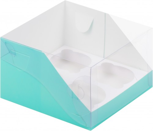 Коробка для капкейков на 4 шт 160х160х100 мм с пластиковой крышкой (тиффани) 