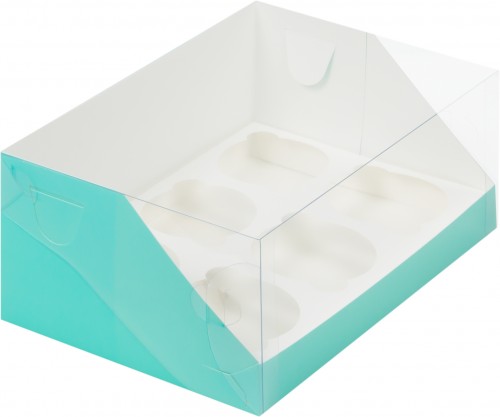 Коробка для капкейков на 6 шт ПРЕМИУМ 235х160х100 мм с пластиковой крышкой (тиффани) 
