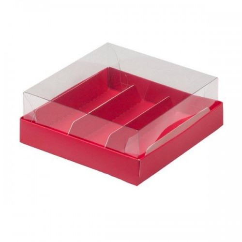 Коробка для эклеров 135х130х50 мм с прозрачным куполом на 3 шт (красная матовая) 