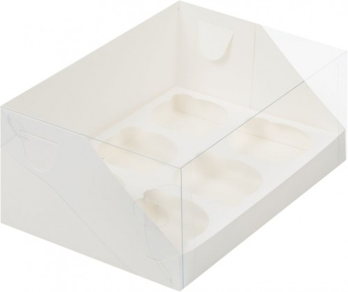 Коробка для капкейков на 6 шт ПРЕМИУМ 235х160х100 мм с пластиковой крышкой (белая) 