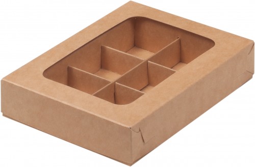 Коробка для конфет на 6 шт с вклеенным окном (крафт) 155х115х30 мм