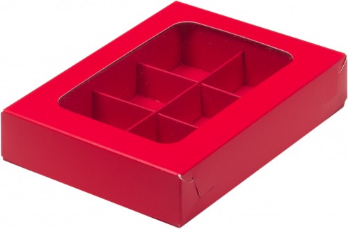 Коробка для конфет на 6 шт 155х115х30 мм с вклеенным окном (красная матовая) 
