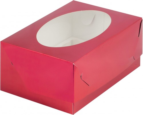 Коробка для капкейков на 6 шт с окном (красная) 235х160х100 мм