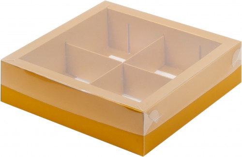 Коробка под ассорти сладостей с пластиковой крышкой (золото матовая) 200х200х55 мм