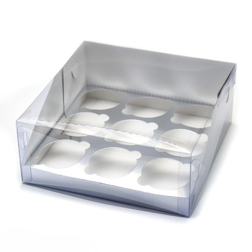 Коробка для капкейков на 9 шт ПРЕМИУМ 235х235х100 мм с пластиковой крышкой (серебро) 