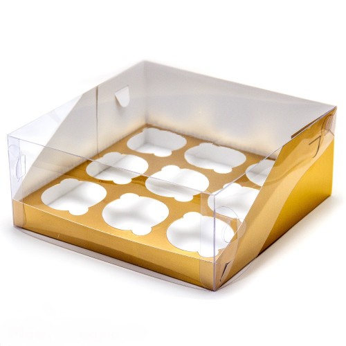Коробка для капкейков на 9 шт ПРЕМИУМ 235х235х100 мм с пластиковой крышкой (золото) 