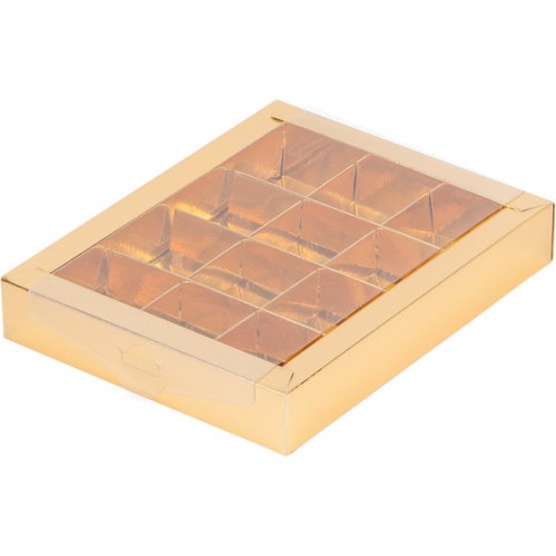Коробка для конфет на 12 шт 190х150х30 мм с пластиковой крышкой (золото) 