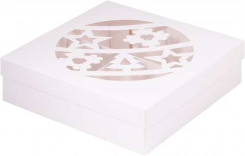 Коробка для зефира, тортов и пирожных с прозрачным окном (Новогодний шар белая) 200/200/70мм