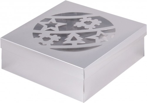 Коробка для зефира, тортов и пирожных с прозрачным окном (Новогодний шар серебро) 200/200/70мм