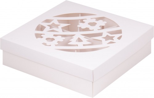 Коробка под ассорти сладостей с прозрачным окном (Новогодний шар белая) 200/200/55 мм