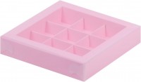 Коробка для конфет на 9 шт с пластиковой крышкой (розовая) 155х155х30 мм