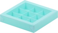 Коробка для конфет на 9 шт с пластиковой крышкой (тиффани) 155х155х30 мм