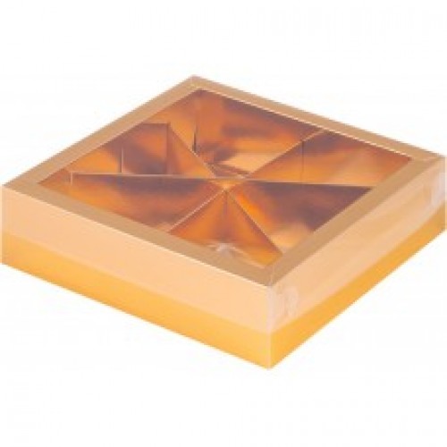Коробка под ассорти сладостей с пластиковой крышкой (золото глянцевая) 200х200х55 мм