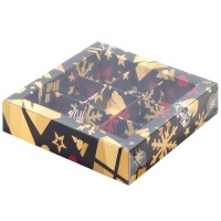 Коробка для конфет на 9 шт с пластиковой крышкой (елка черная/золото) 155х155х30 мм