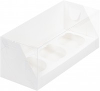 Коробка для капкейков на 3 шт с пластиковой крышкой (белая) 240х100х100 мм