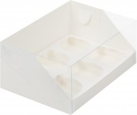 Коробка для капкейков на 6 шт ПРЕМИУМ с пластиковой крышкой (белая) 235х160х100 мм
