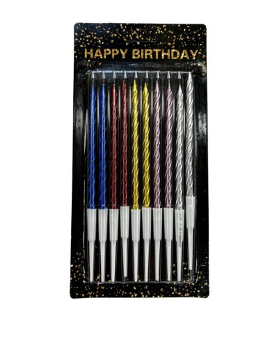 Свечи в торт "С днем рождения витые цветные" 15 см (10 шт)