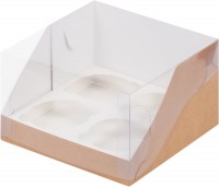 Коробка для капкейков на 4 шт с пластиковой крышкой (крафт) 160х160х100 мм