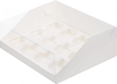 Коробка для капкейков на 12 шт с пластиковой крышкой (белая) 310х235х100 мм