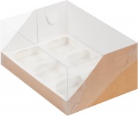 Коробка для капкейков на 6 шт ПРЕМИУМ с пластиковой крышкой (крафт) 235х160х100 мм