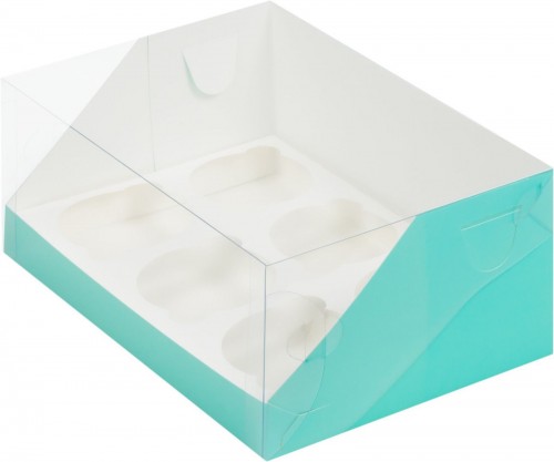 Коробка для капкейков на 6 шт ПРЕМИУМ с пластиковой крышкой (тиффани) 235х160х100 мм