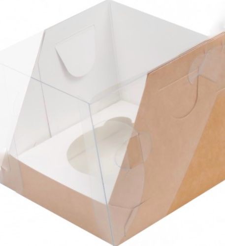 Коробка для капкейков на 1 шт с пластиковой крышкой (крафт) 100х100х100 мм