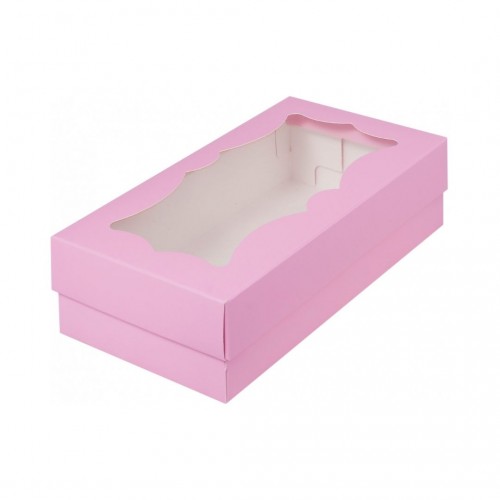Коробка для макарон с фигурным окном (розовая) 210х110х55 мм