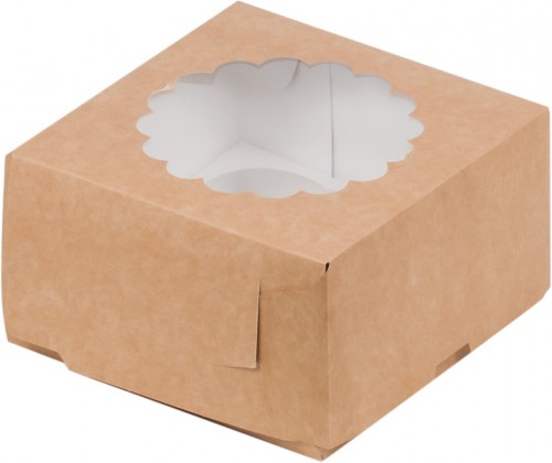 Коробка для капкейков на 4 шт с окном (крафт) 160х160х100 мм