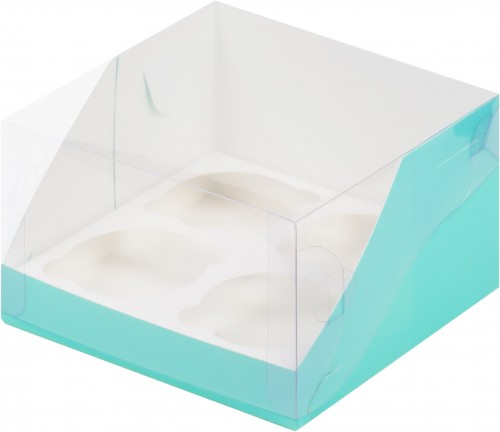 Коробка для капкейков на 4 шт с пластиковой крышкой (тиффани) 160х160х100 мм