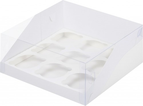 Коробка для капкейков на 9 шт ПРЕМИУМ с пластиковой крышкой (белая) 235х235х100 мм