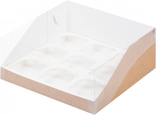 Коробка для капкейков на 9 шт ПРЕМИУМ с пластиковой крышкой (крафт) 235х235х100 мм