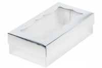 Коробка для макарон с фигурным окном (серебро) 210х110х55 мм