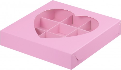Коробка для конфет на 9 шт с окном сердце (розовая) 155х155х30 мм