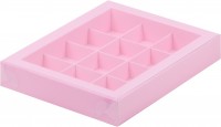 Коробка для конфет на 12 шт с пластиковой крышкой (розовая) 190х150х30 мм