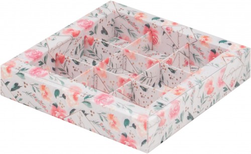 Коробка для конфет на 9 шт с пластиковой крышкой (С праздником/розы) 155х155х30 мм
