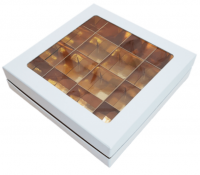 Коробка для конфет на 16 шт ЛЮКС с окном (белая/золото) 180х180х45 мм